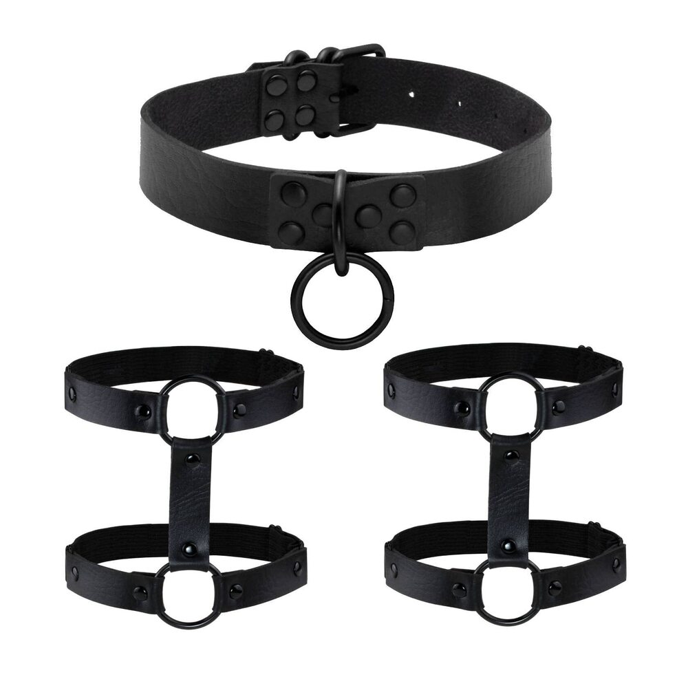 3372 Black Necklace + Leg Rings, Faux Leather Punk Style Costume Outfit